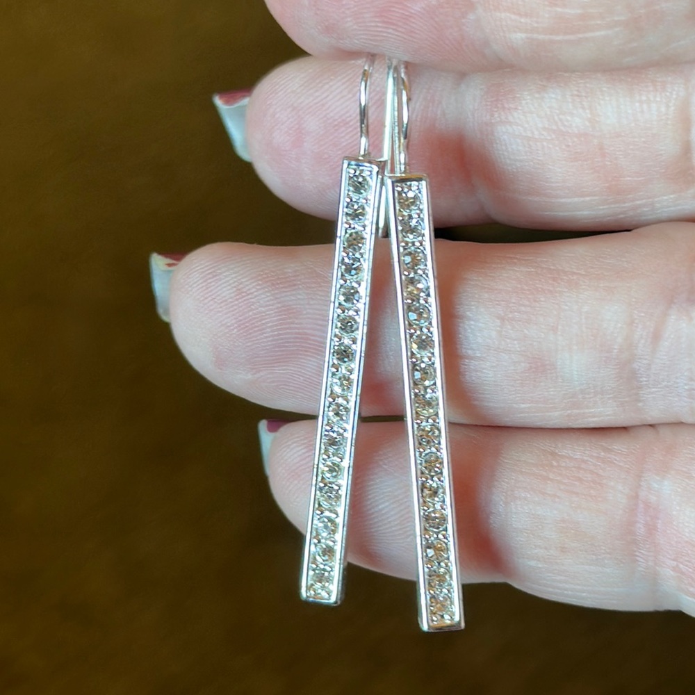 Sleek Silver Tone & Rhinestone Earrings - Picture 1 of 5